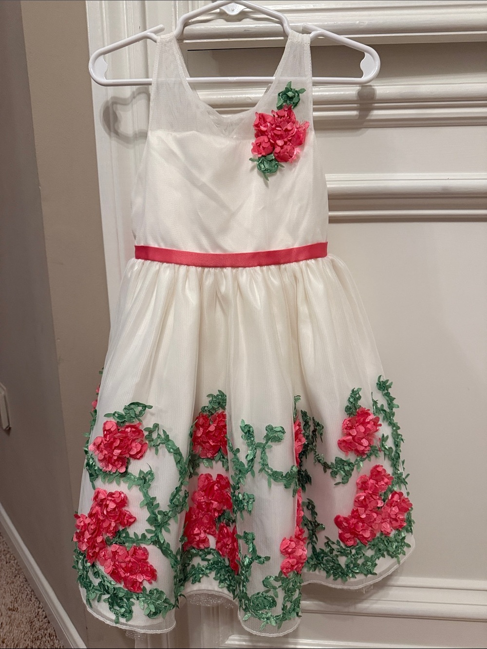 American Princess White Dress with Pink Floral Appliques and Green Vines